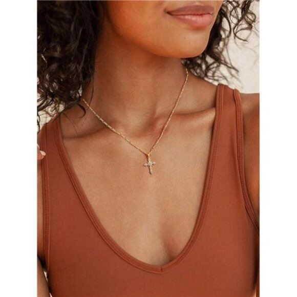 14K Gold Plated  Cross Pendant Necklace Dainty Gold - Picture 3 of 13